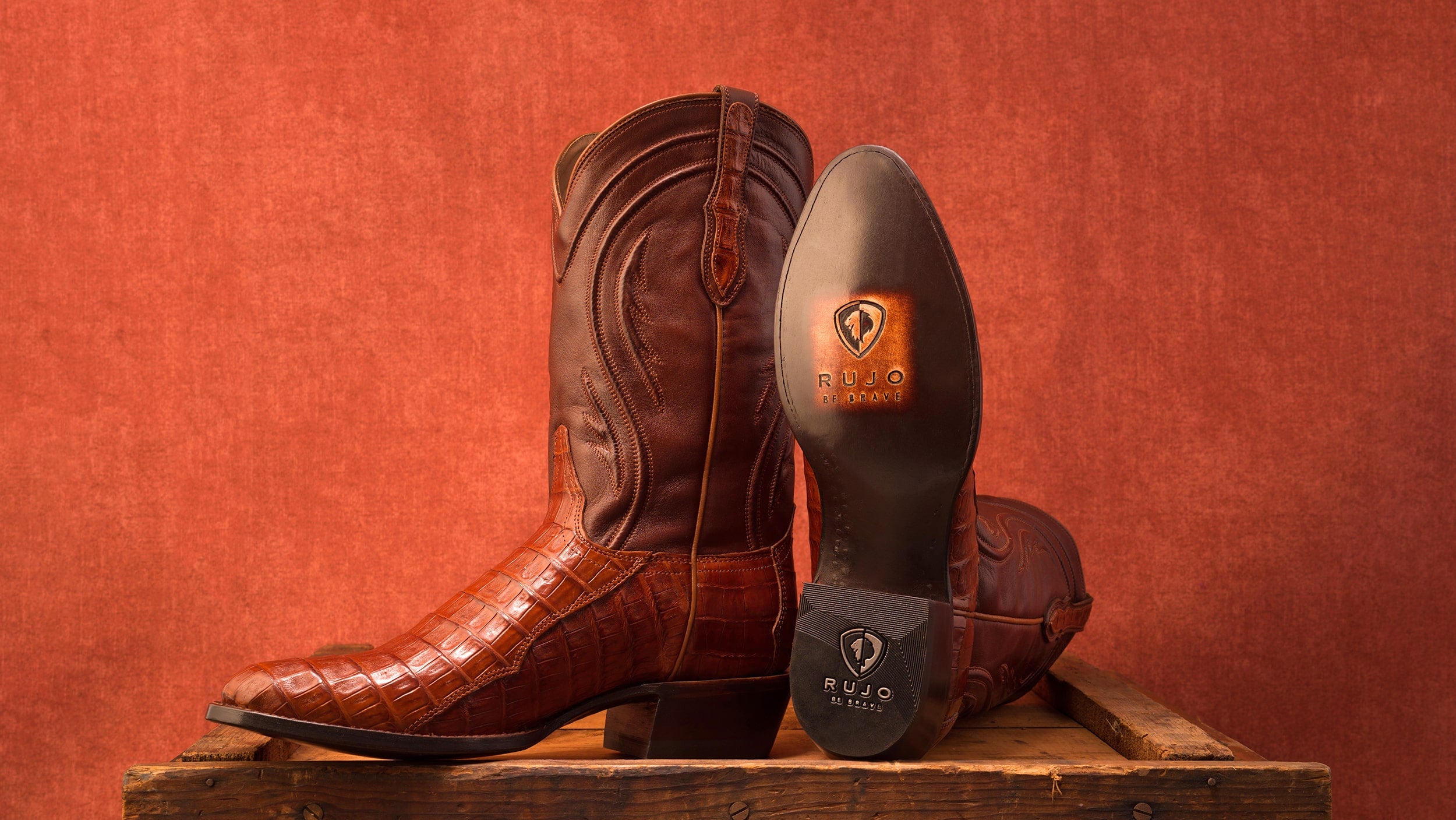 RUJO boots the Blake mens cowboy boots on display in studio on box