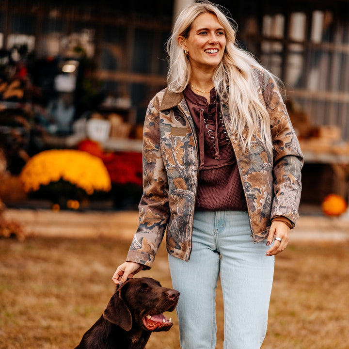 The Vintage Camo Carpenter Jacket in Faded Realtree Advantage Classic, lifestyle
