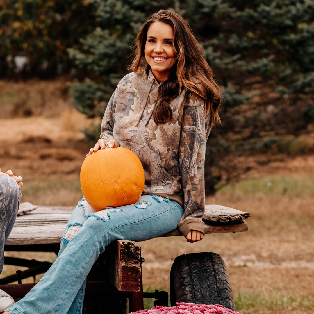 The Vintage Camo Hoodie in Faded Realtree Advantage Classic, lifestyle
