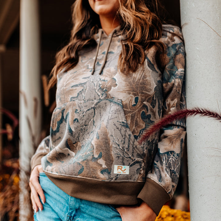 The Vintage Camo Hoodie in Faded Realtree Advantage Classic, lifestyle