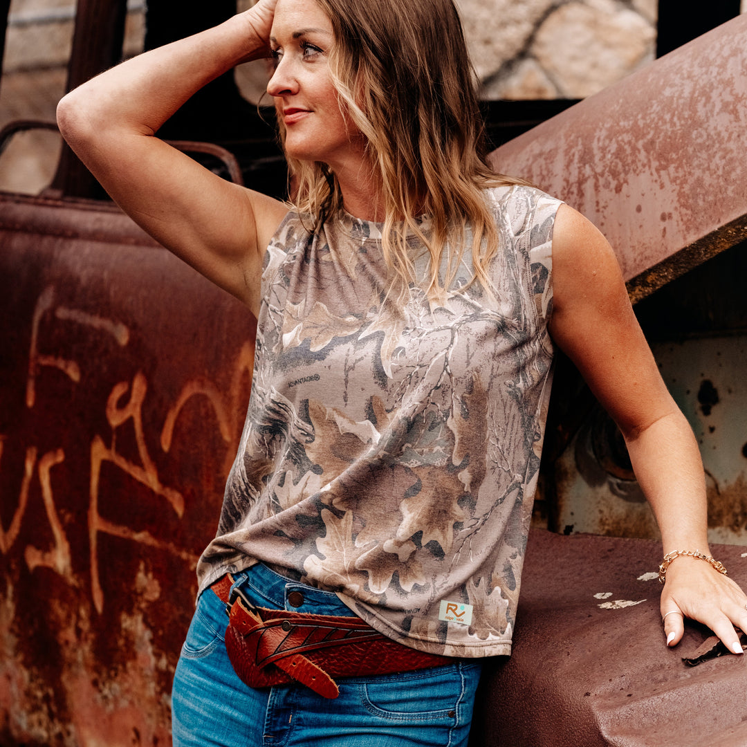 The Vintage Camo Muscle Tank in Faded Realtree Advantage Classic, lifestyle