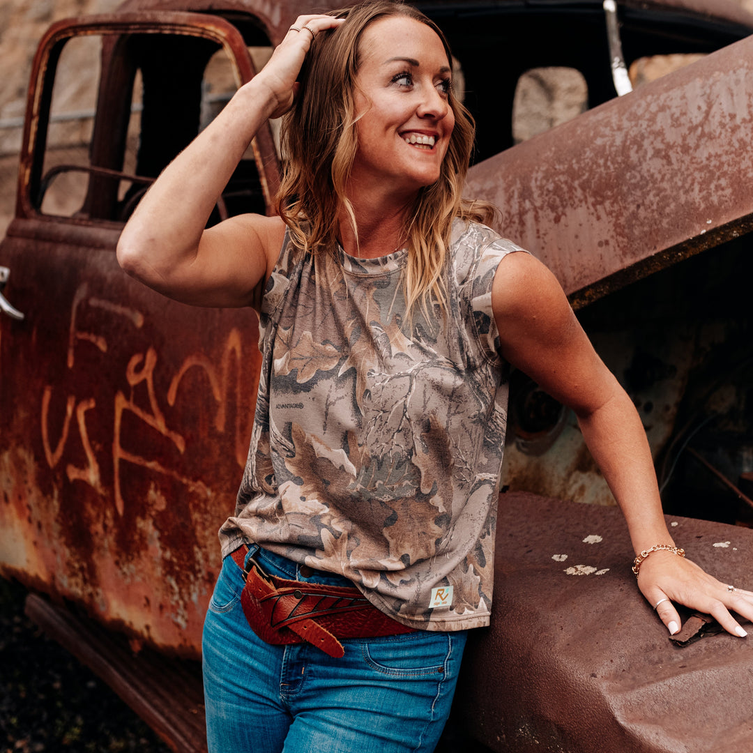 The Vintage Camo Muscle Tank in Faded Realtree Advantage Classic, lifestyle