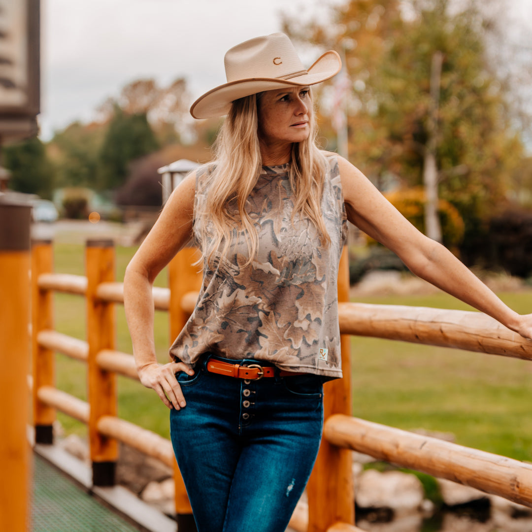The Vintage Camo Muscle Tank in Faded Realtree Advantage Classic, lifestyle
