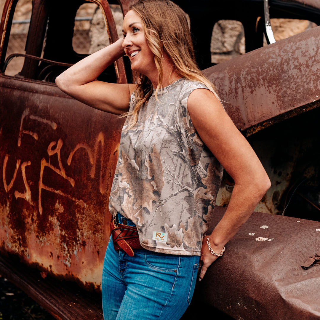 The Vintage Camo Muscle Tank in Faded Realtree Advantage Classic, lifestyle