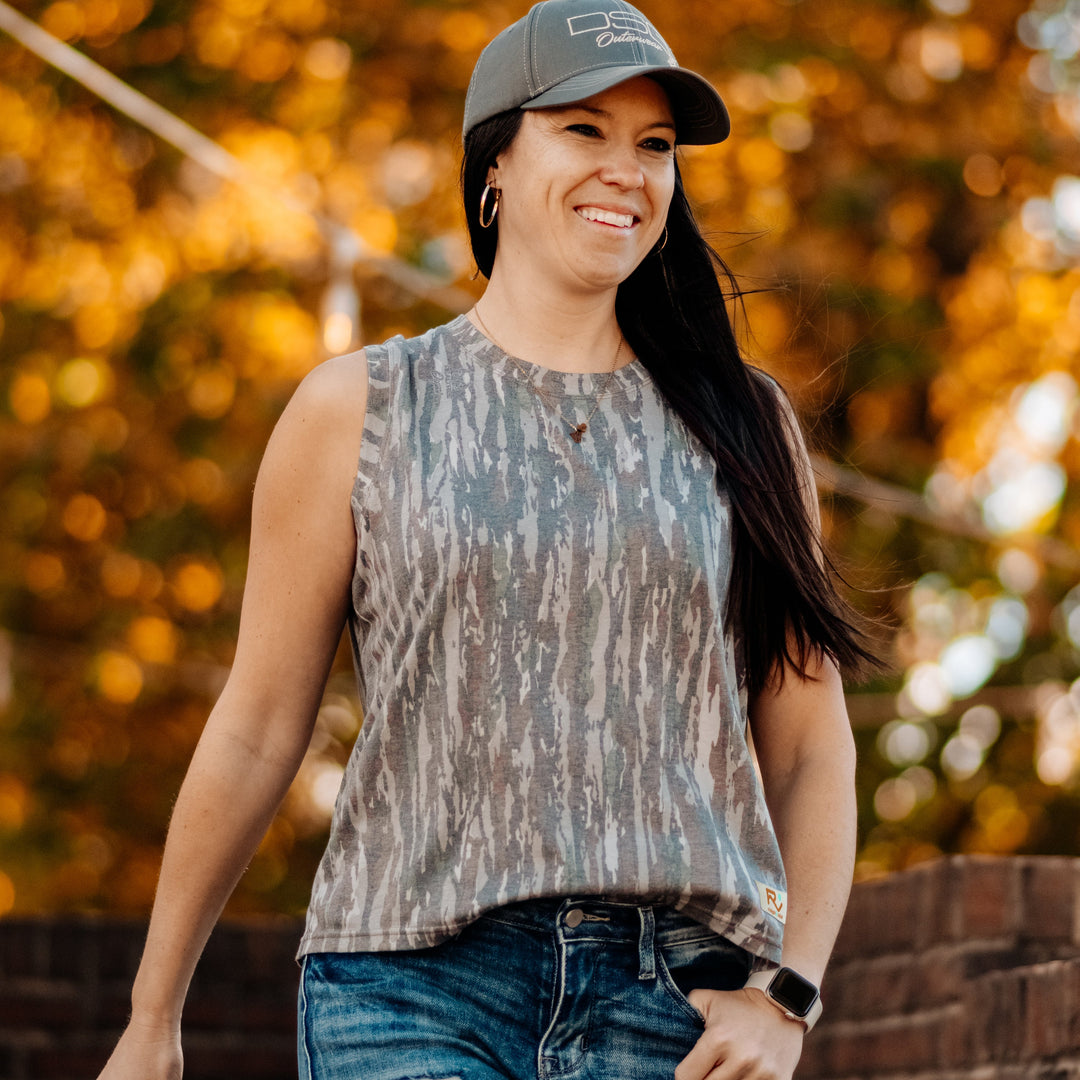 The Vintage Camo Muscle Tank in Faded Realtree Original, lifestyle