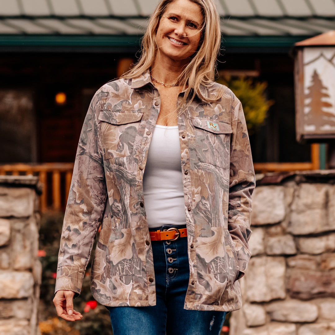 The Vintage Camo Shacket in Faded Realtree Advantage Classic, lifestyle