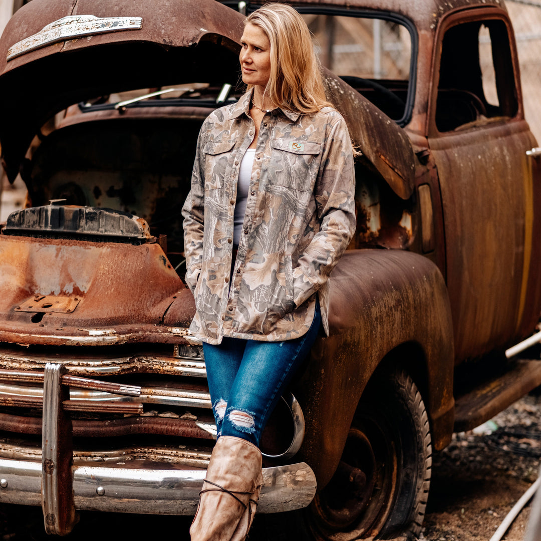 The Vintage Camo Shacket in Faded Realtree Advantage Classic, lifestyle