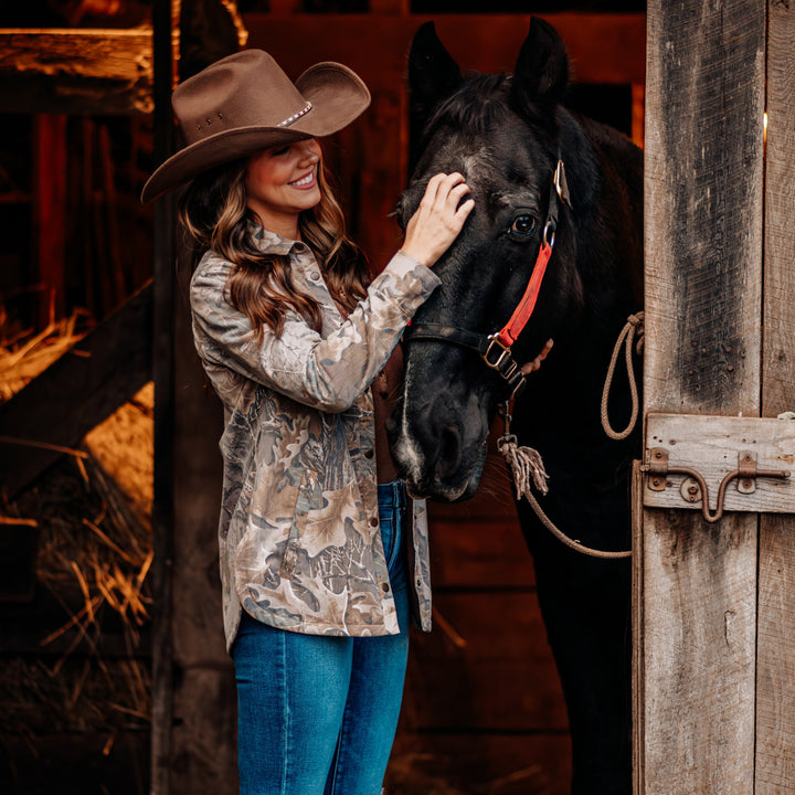 The Vintage Camo Shacket in Faded Realtree Advantage Classic, lifestyle