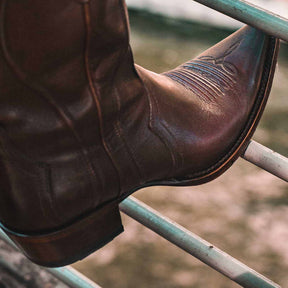 Close up of a brown caravan calfskin cowgirl boot by RUJO