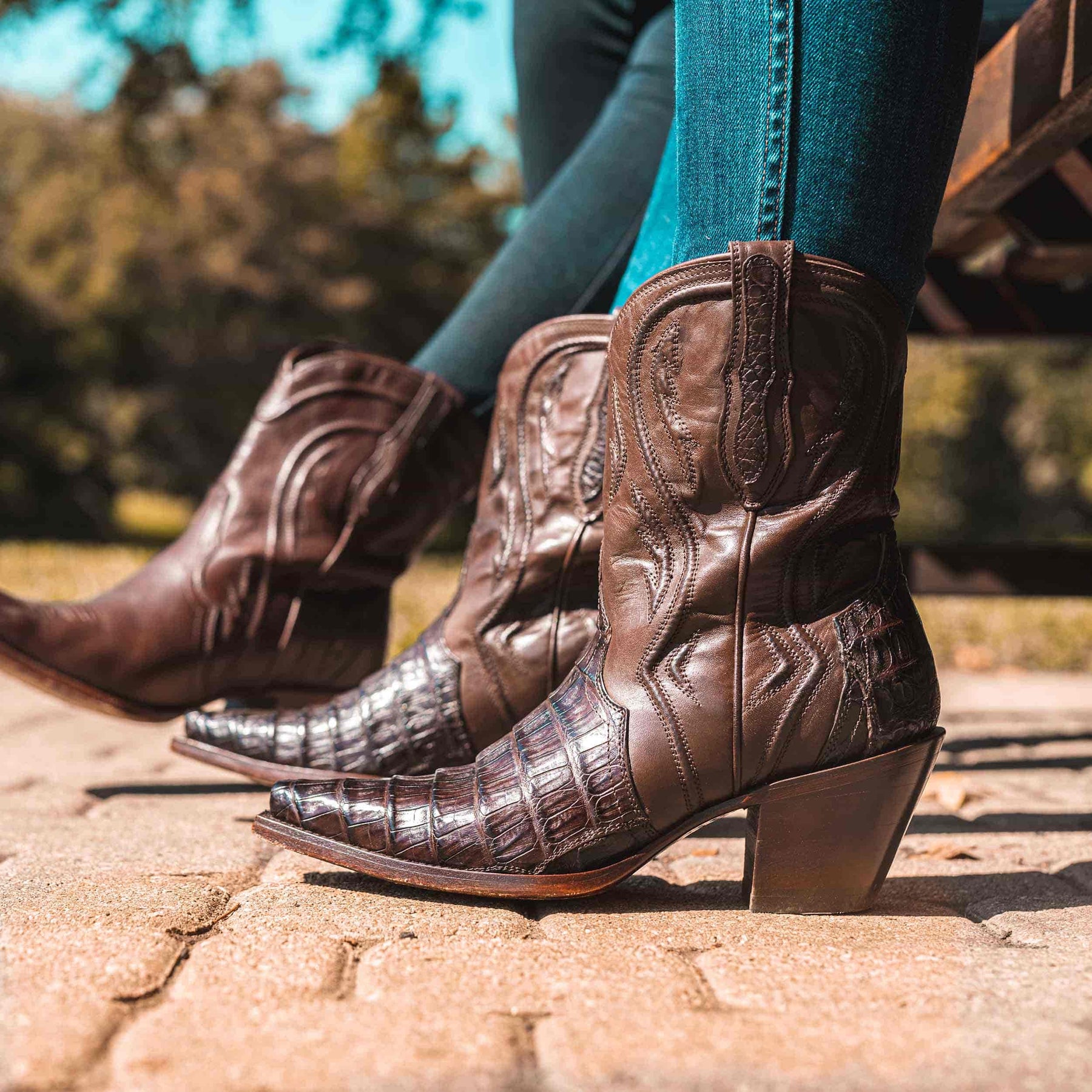 Close up of women's caiman tail cowgirl booties by RUJO